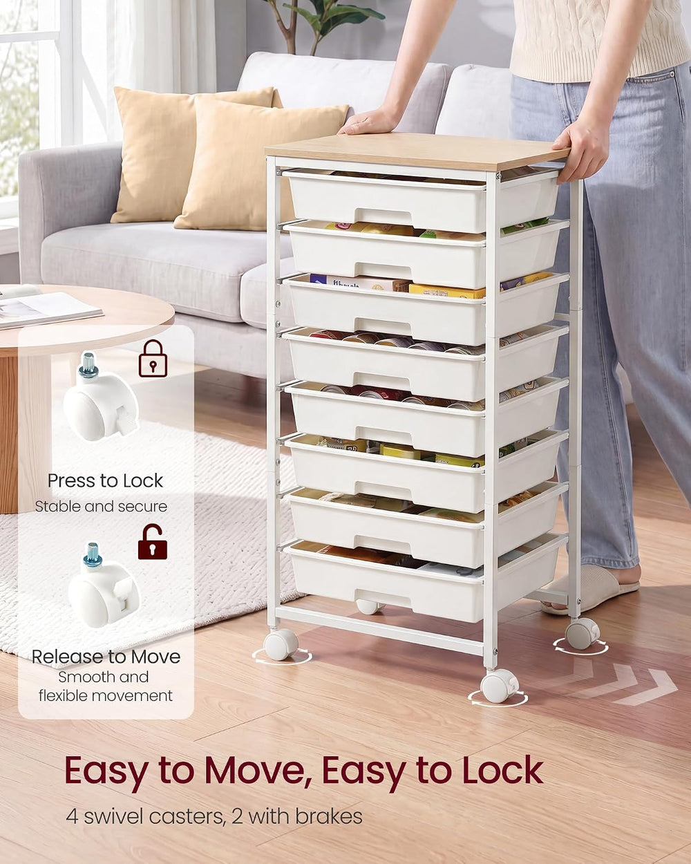 VASAGLE Rolling Cart with Drawers, Craft Organizers and Storage, White