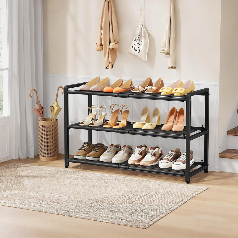Gewudraw Expandable Metal Shoe Rack for Closet, 3-Tier Shoe Organizer,Black