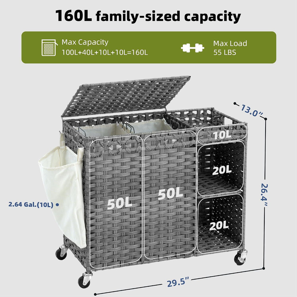 Laundry Hamper with Lid, 160L Rattan Wicker Laundry Basket with Wheels, Handw...