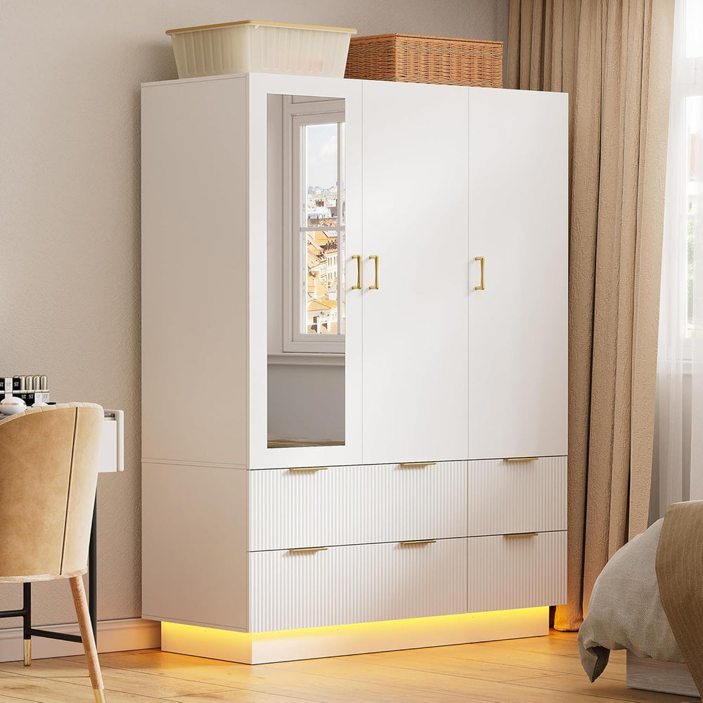 PAKASEPT Armoire Wardrobe Closet with 3 Door, Mirror, LED Lights