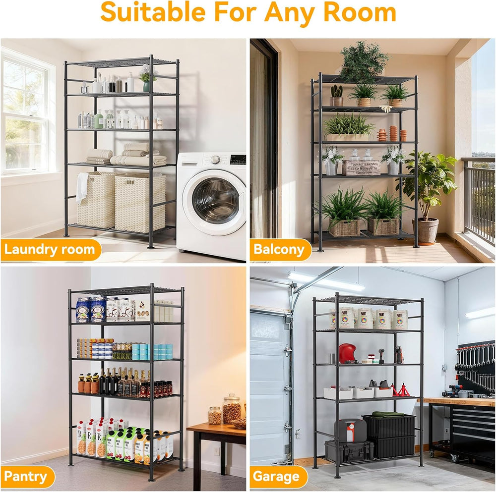 5 Tier Shelf Organizer Rack, Metal Shelving Unit with Adjustable Leveling Fee...