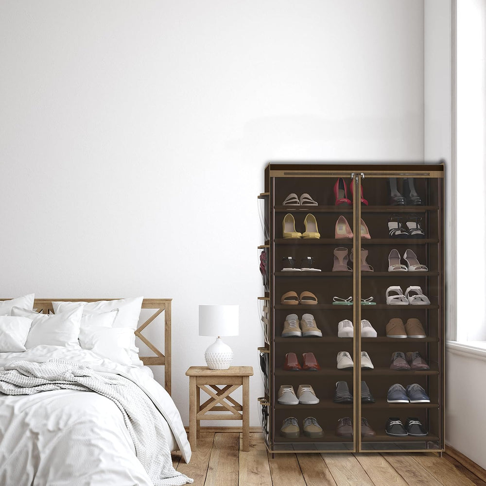 Simple Houseware 8 Tiers Shoe Rack w/Zipper Cover & Hanging Pockets, Brown