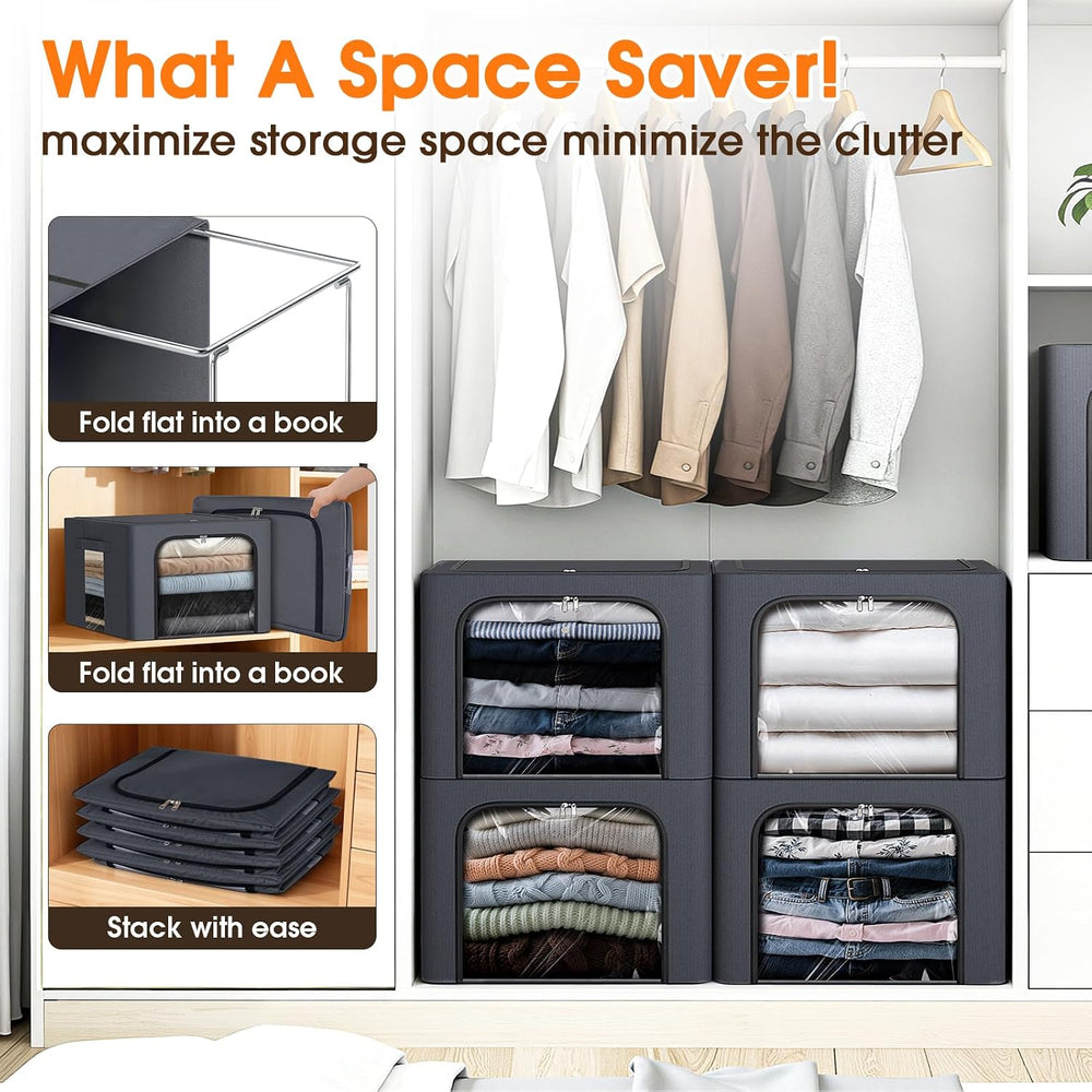 6 Pack Clothes Storage Bins with Metal Frame,40L Storage Bags Fabric Box Orga...