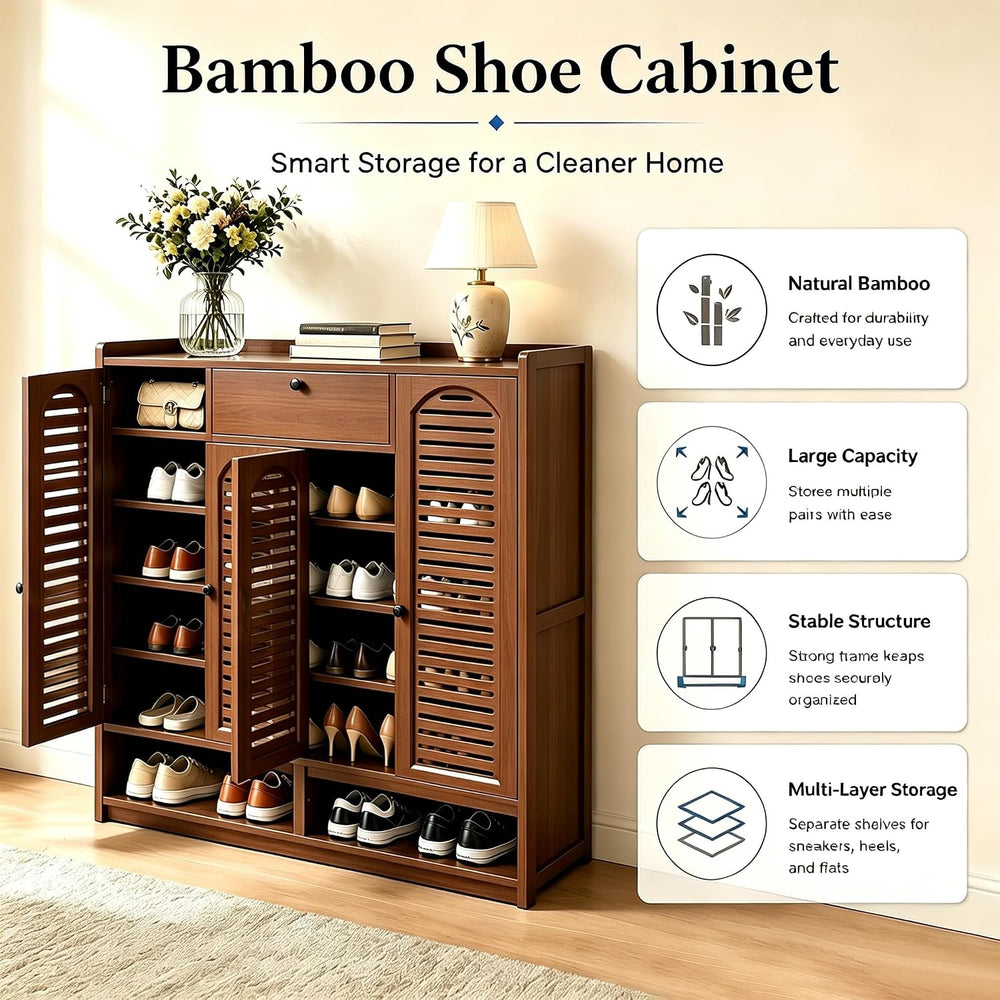 7-Tier Bamboo Shoe Cabinet,Shoe Storage Cabinet with Doors, 25-30 Pairs Frees...