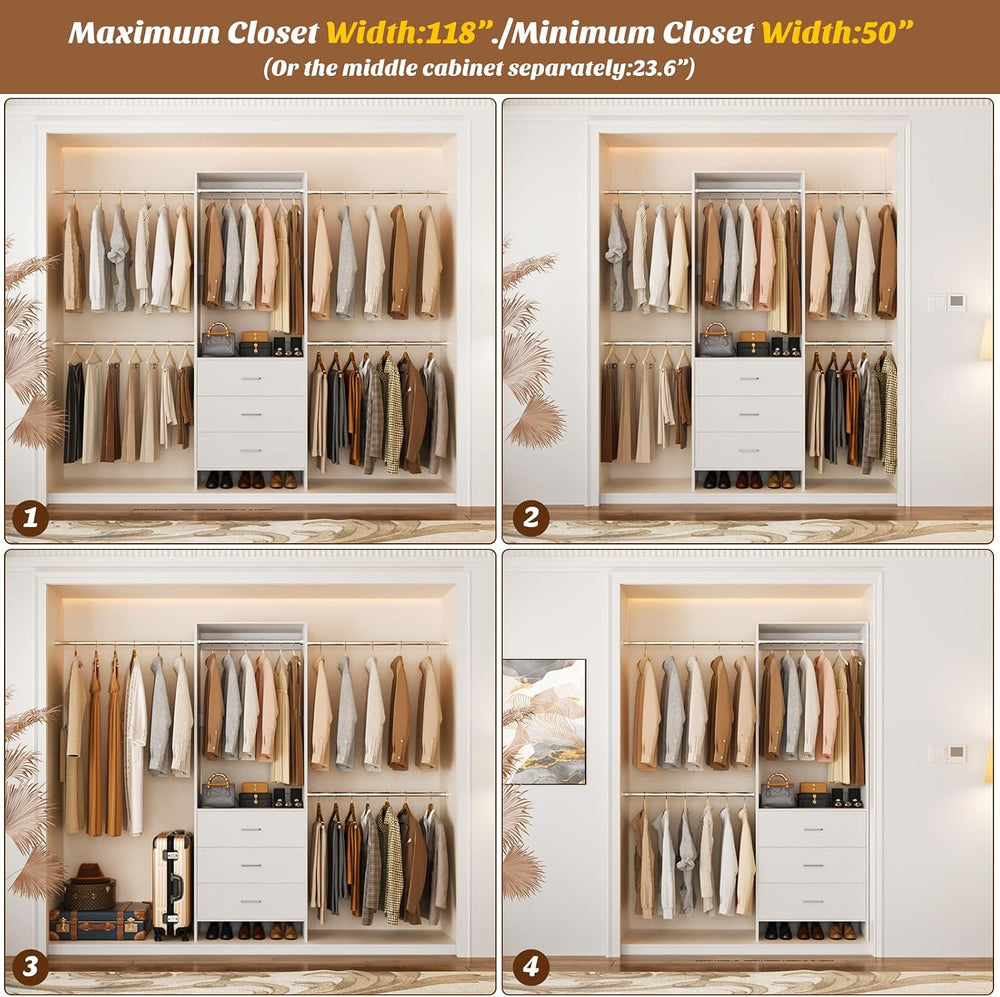 Aheaplus Closet System, 4.2-9Ft Closet Organizer with with 4 Rods, White