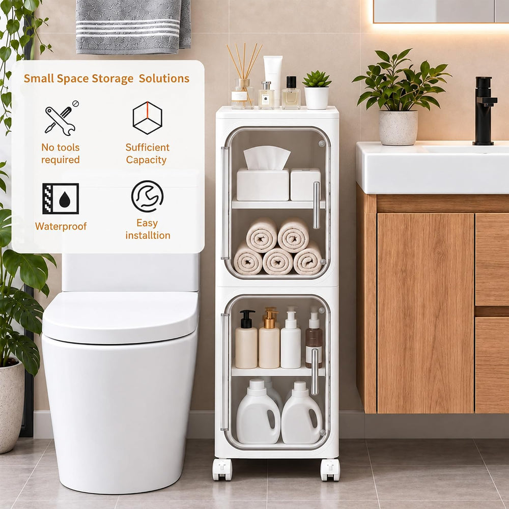 Narrow Slim Bathroom Storage Cabinet with Wheels, 2-Tier White