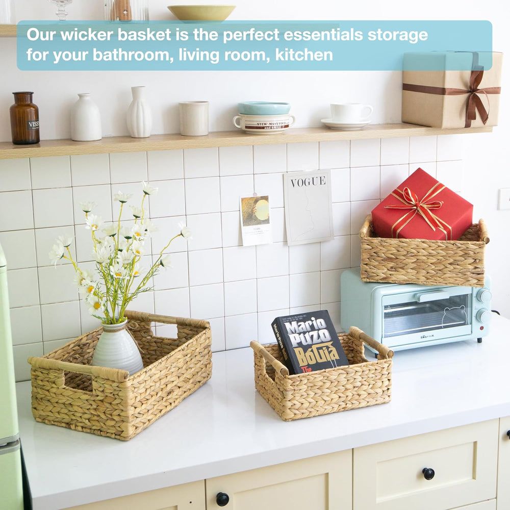 VATIMA Hyacinth Wicker Basket Set 3 size - Rectangular, Wooden Handles, Shelf...