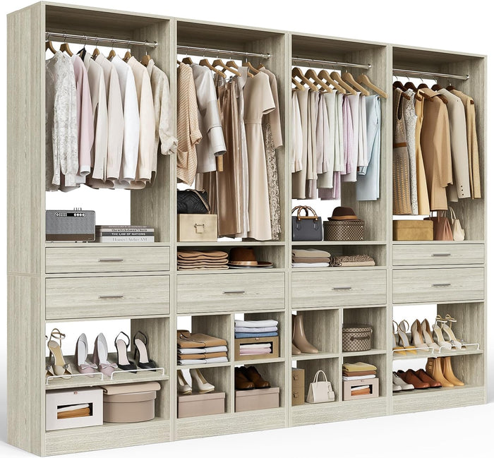 Unikito Closet System, 8.3FT Closet Organizer with 6 Wooden Drawers, Hanging Rods, Adjustable Shoe Rack and Cube Storage, Easy Assembly Wardrobe Tower, Set of 4, White Oak