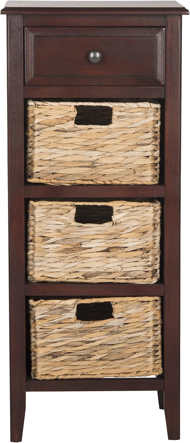 SAFAVIEH Furniture - Michaela 1-Drawer Storage Unit - Cherry - Solid Wood - Farmhouse Basket Tower Design - Ideal for Living Room, Entryway, 15"W x 12"D x 36"H - Fully Assembled (AMH5744C)