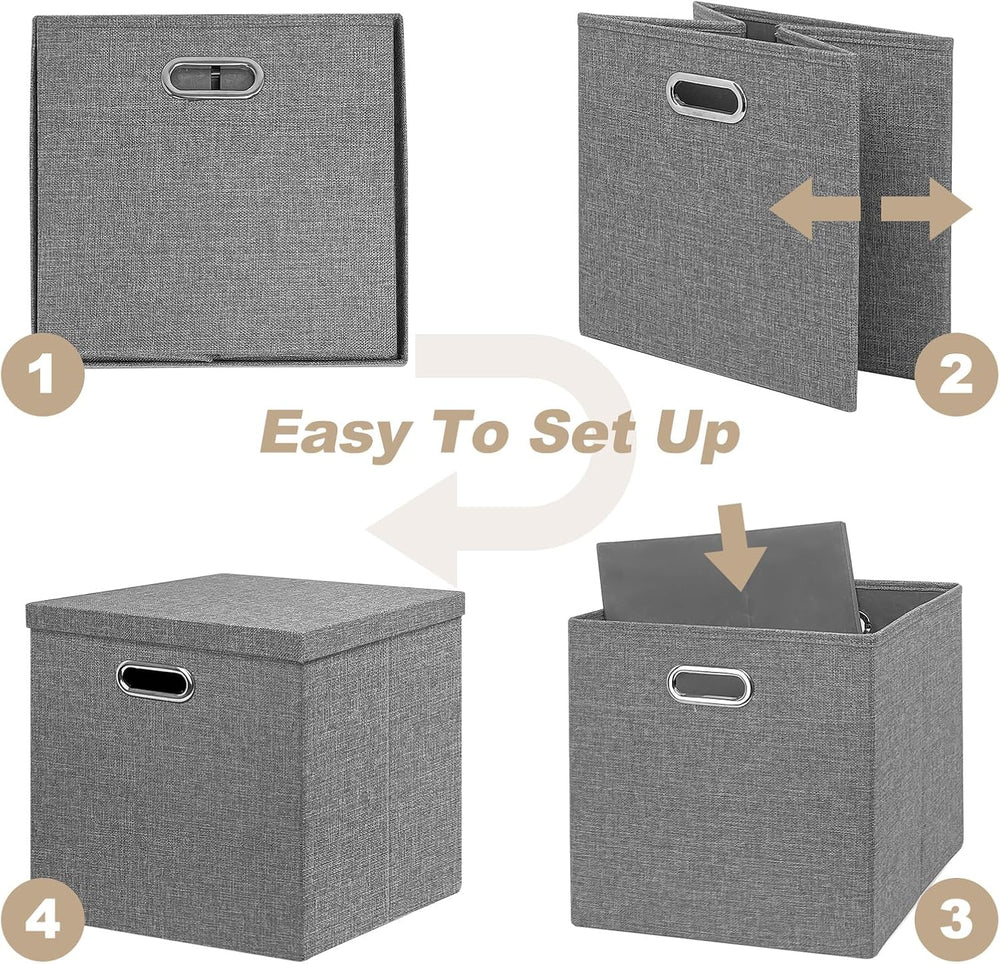 Linen Storage Bins with Lids,13 x 13 Inch Foldable Fabric Cube Baskets Boxes ...
