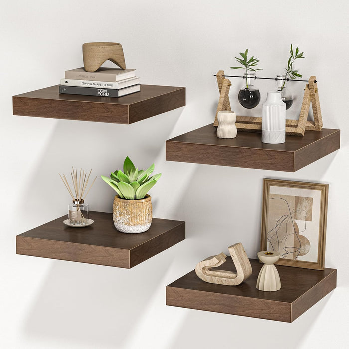 Square Floating Shelves for Wall, 10"W x 10"D x 1.4"H, Set of 4, Walnut