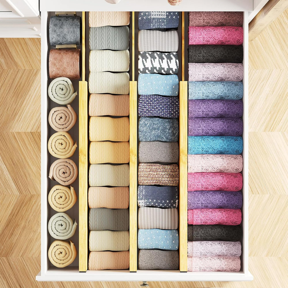SpaceAid Bamboo Dresser Drawer Dividers 6 Pack, 4.65“ High Adjustable 17“-22”...