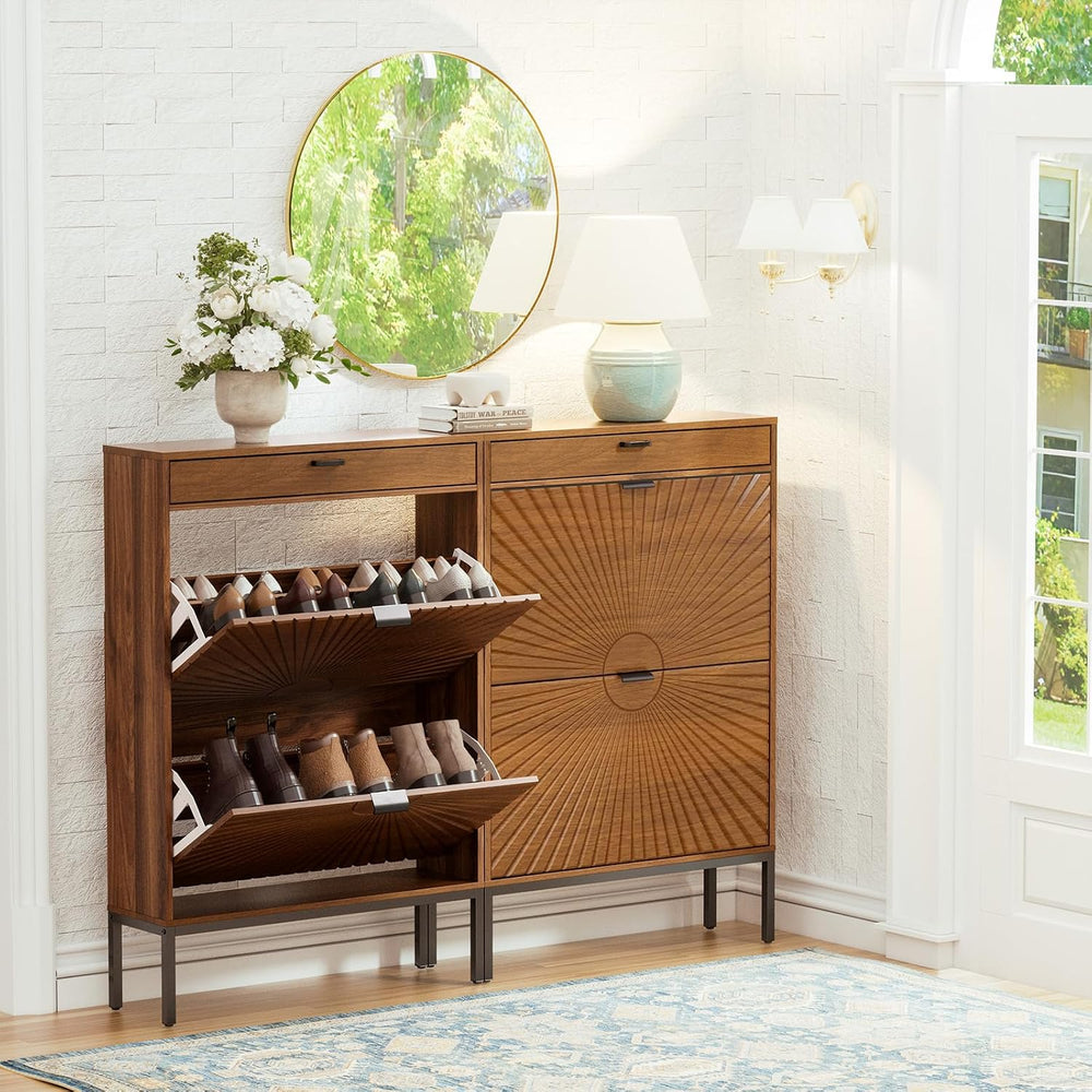 Yechen Shoe Cabinet with Sun Pattern Doors, Modern 2 Flip Drawer Entryway Sho...