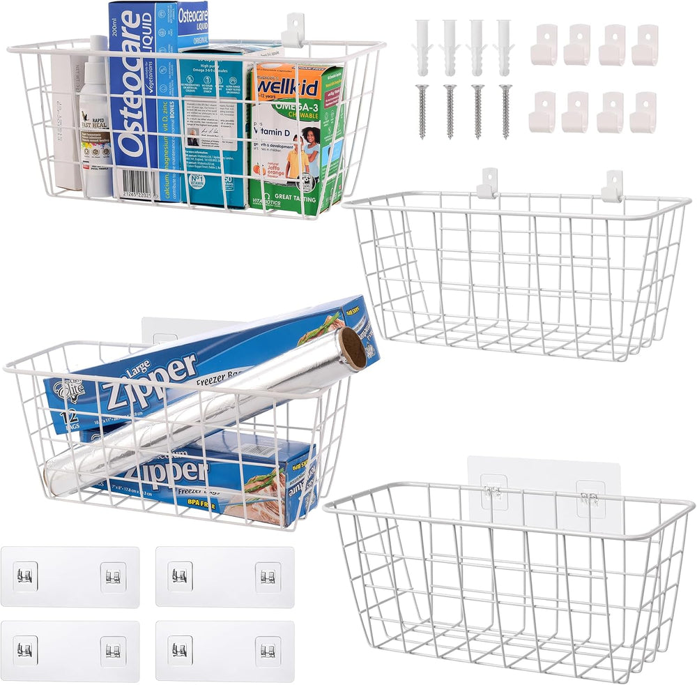 Wire Hanging Wall Basket, 4 White Metal Baskets, Adhesive Cabinet Organizer