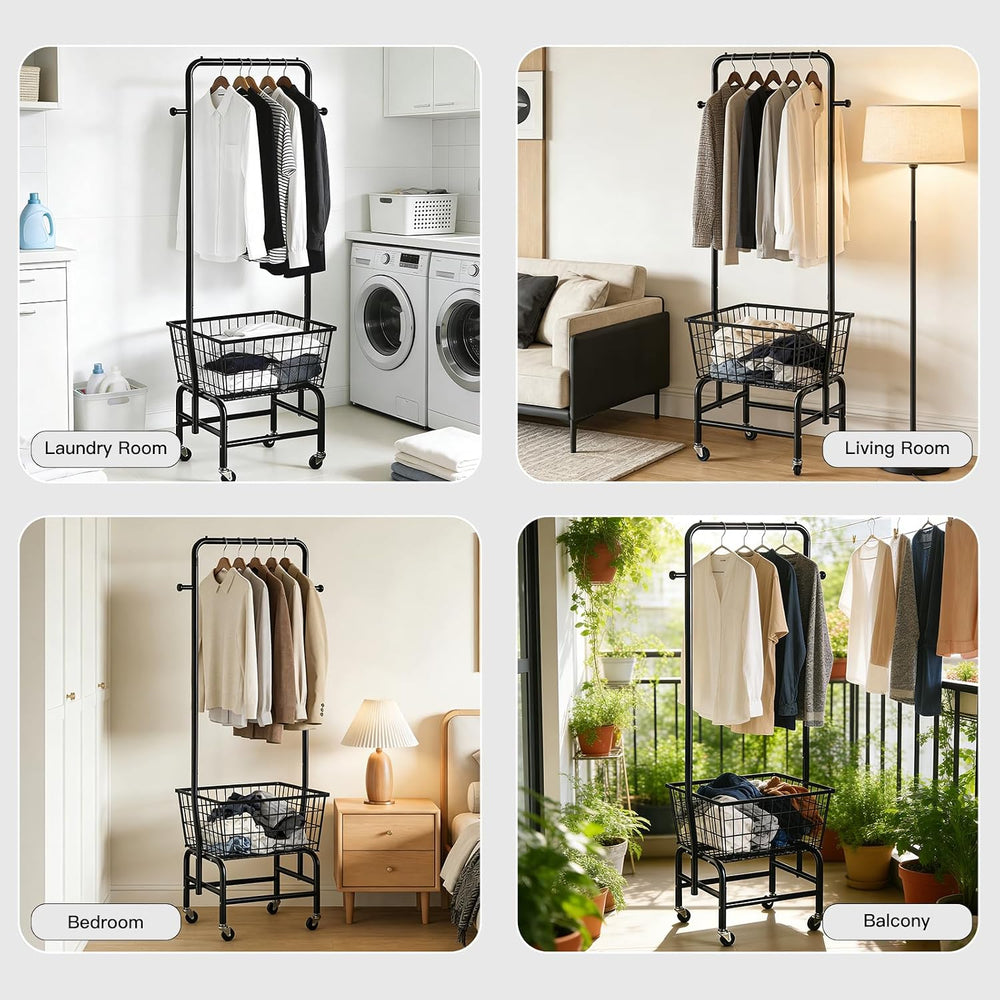 Rolling Laundry Cart with Hanging Rack Metal Laundry Basket with Wheels Laund...