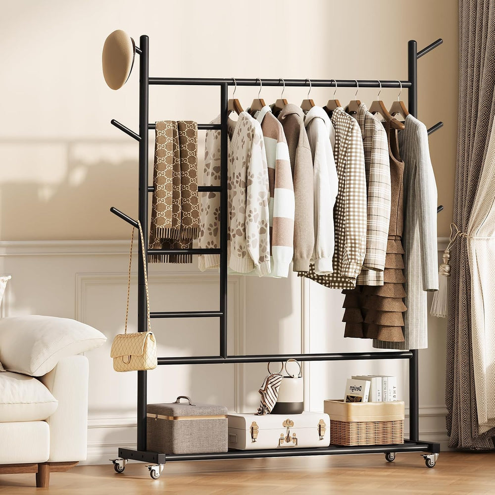 Yoobure Solid Wood Clothing Rack, 4-in-1 Wooden Clothes Rack with Wheels