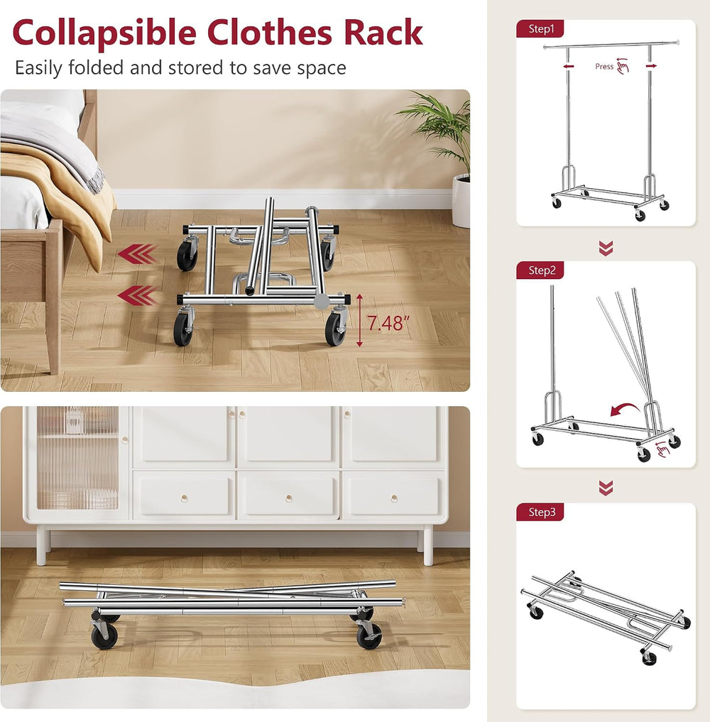 Tajsoon Clothes Rack Collapsible, Rolling Clothing Rack Heavy Duty, Chrome