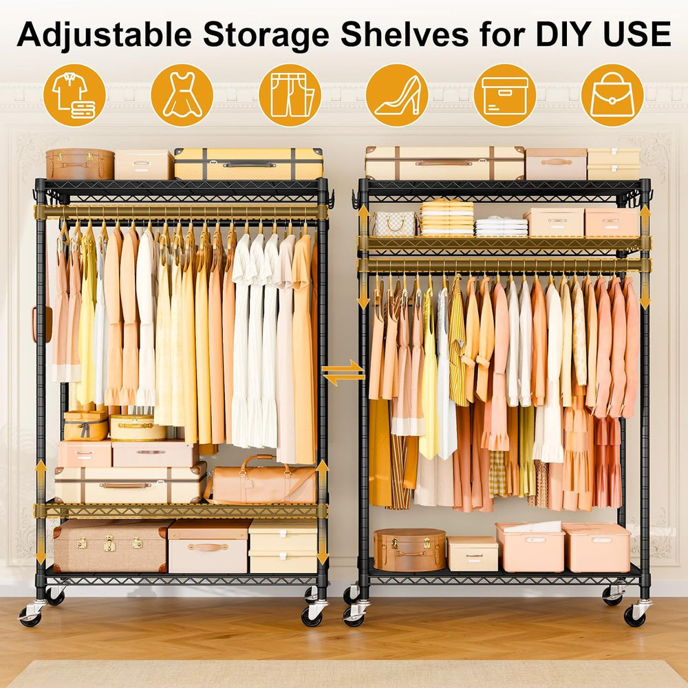 ULIFHOME Clothes Rack, Rolling Clothing Racks for Hanging Clothes, Black