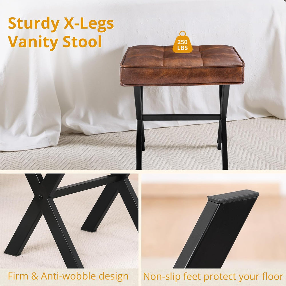 LUE BONA Vanity Stool, Square Faux Leather Makeup Stool with Metal X Legs, Sm...