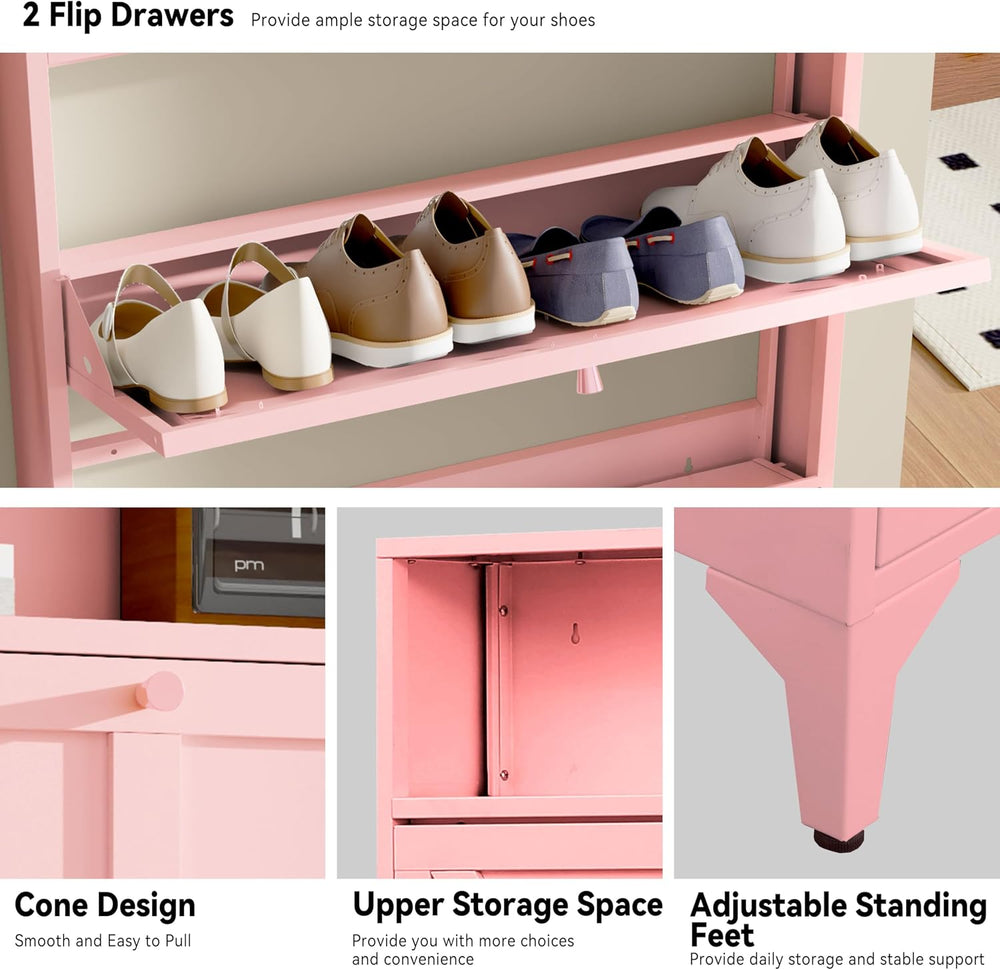 Shoe Cabinet with 2 Flip Drawers and Open Top Space-Metal Narrow Shoe Rack fo...