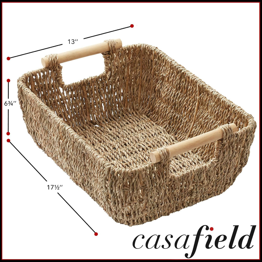 Casafield Set of 2 Seagrass Oval Storage Baskets with Wooden Handles - Large,...