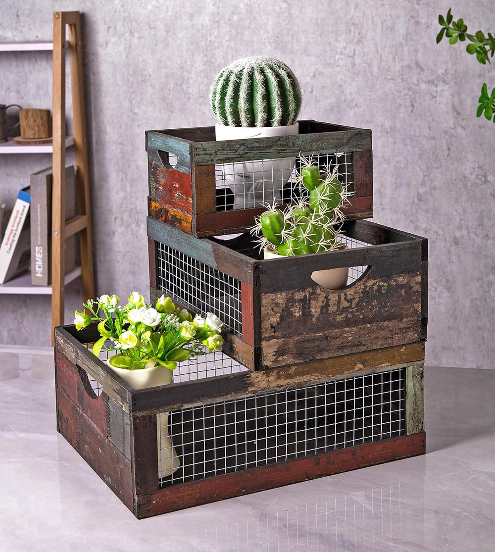 TIMRIS Set of 3 Rustic Wood Nesting Crates, Farmhouse Distressed Wooden Stora...
