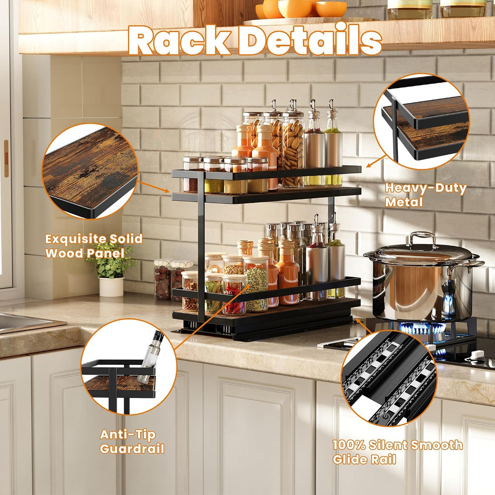 Pull Out Spice Rack 2Pcs Metal & Wood Seasoning Organizer Black