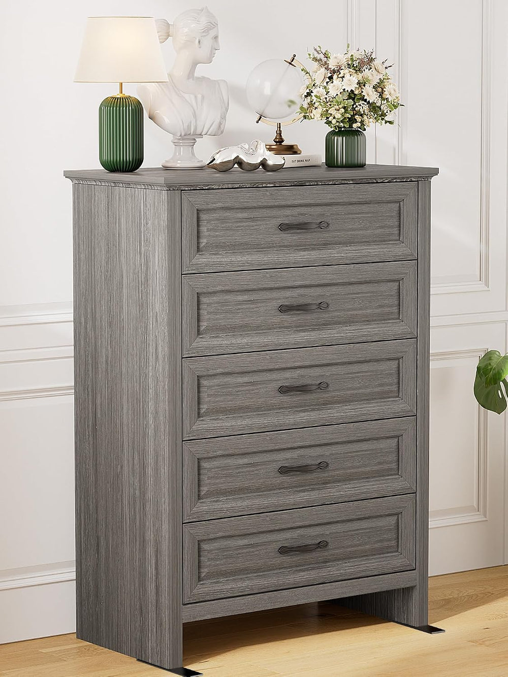 Pipishell 5 Drawers Dresser, 42.7 Inch Tall Wood Chest of Drawers, Gray