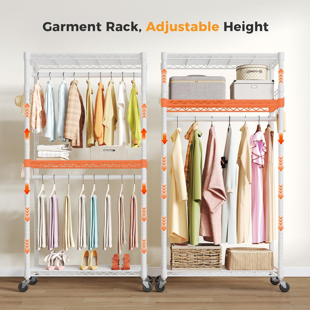 OLIXIS Rolling Clothes Rack, Heavy Duty Garment Rack, 35 IN, Metal White
