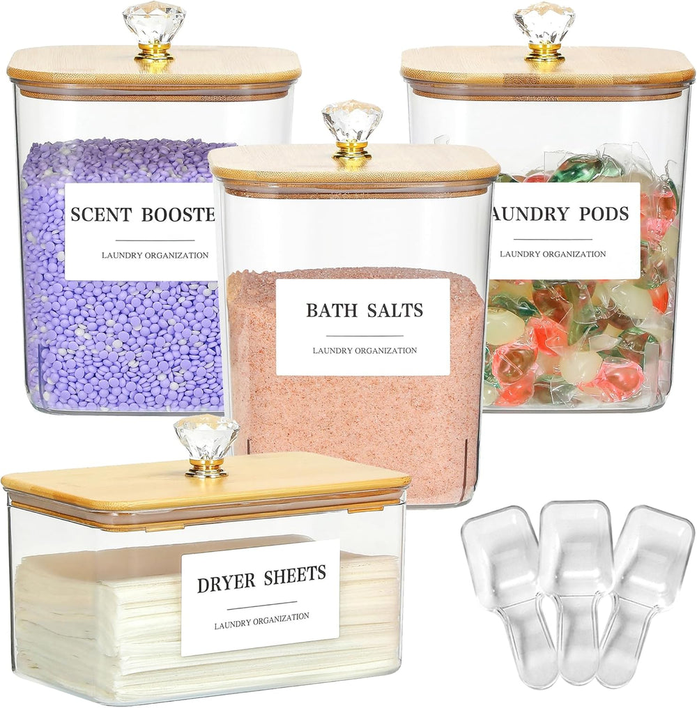 4 Pack Clear Laundry Pods Container & Dryer Sheet Holder Set with Lid, La...