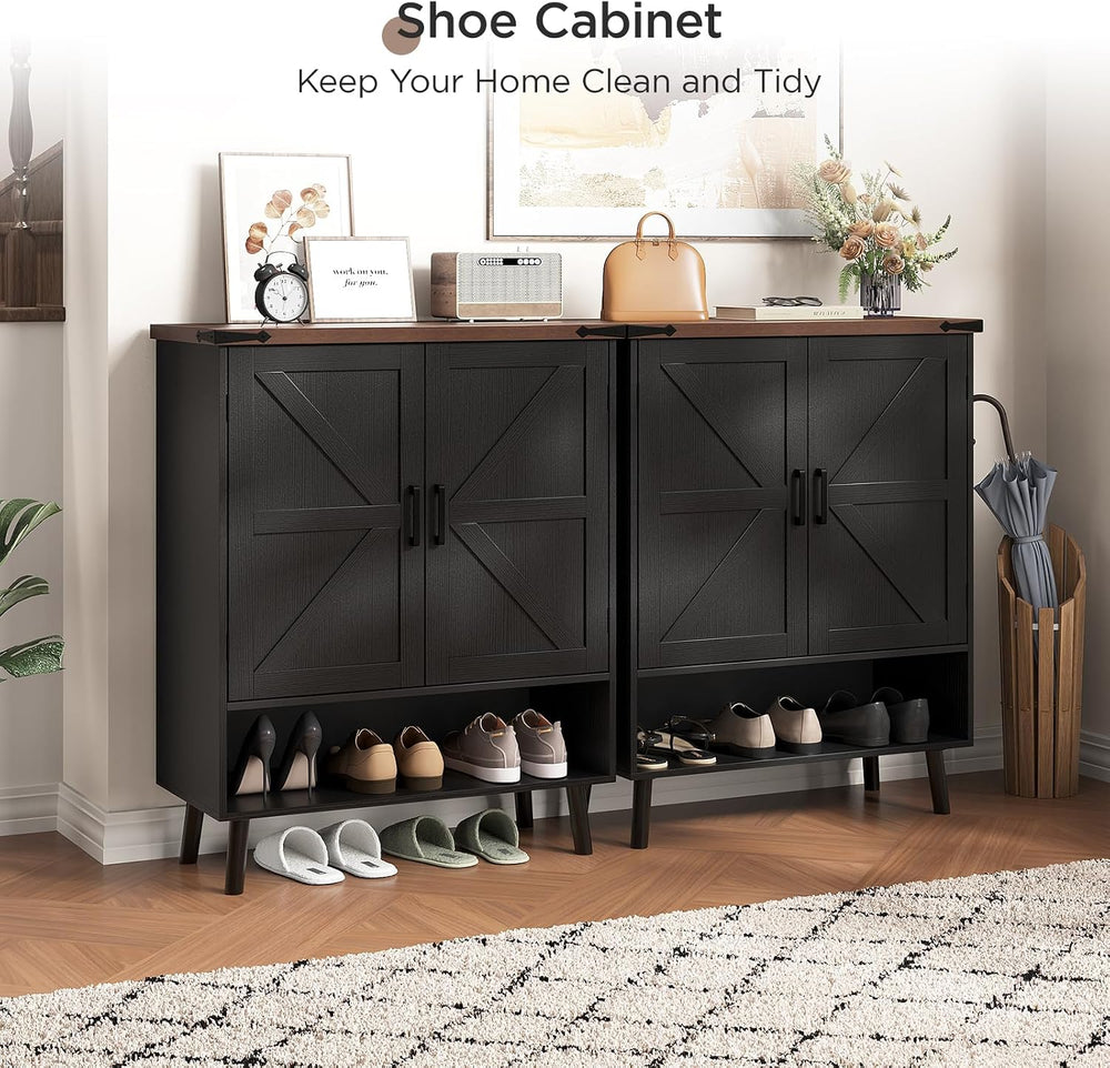 Vabches 34" Tall Farmhouse Shoe Storage Cabinet with Barn Doors, Black