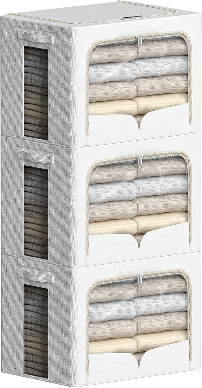 FHSQX 3 Pack Clothes Storage Bins Foldable Metal Frame Storage Box Stackable Linen Fabric Container Organizer Set with Carrying Handles and Clear Window (Cream White, 15.7x11.8x11.8inch(36L))