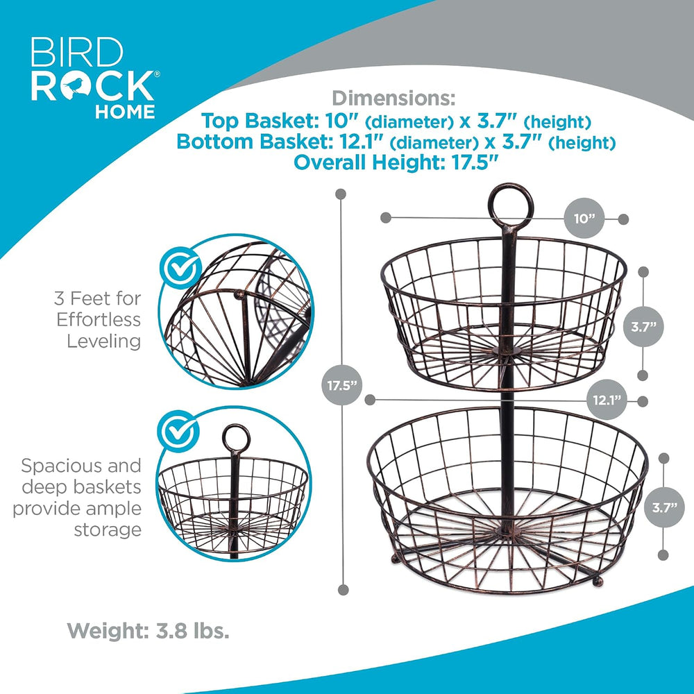 BIRDROCK HOME 2 Tier Wire Fruit Basket | Round Metal Standing Baskets | Fruit...