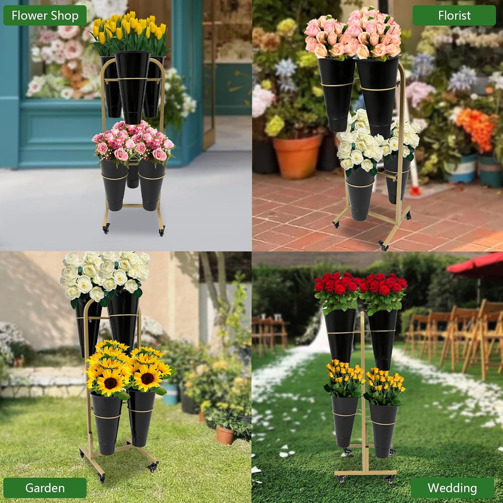 Flower Display Stand with 6 Pieces Bucket, Metal Plant Stand, Heavy Duty Movi...