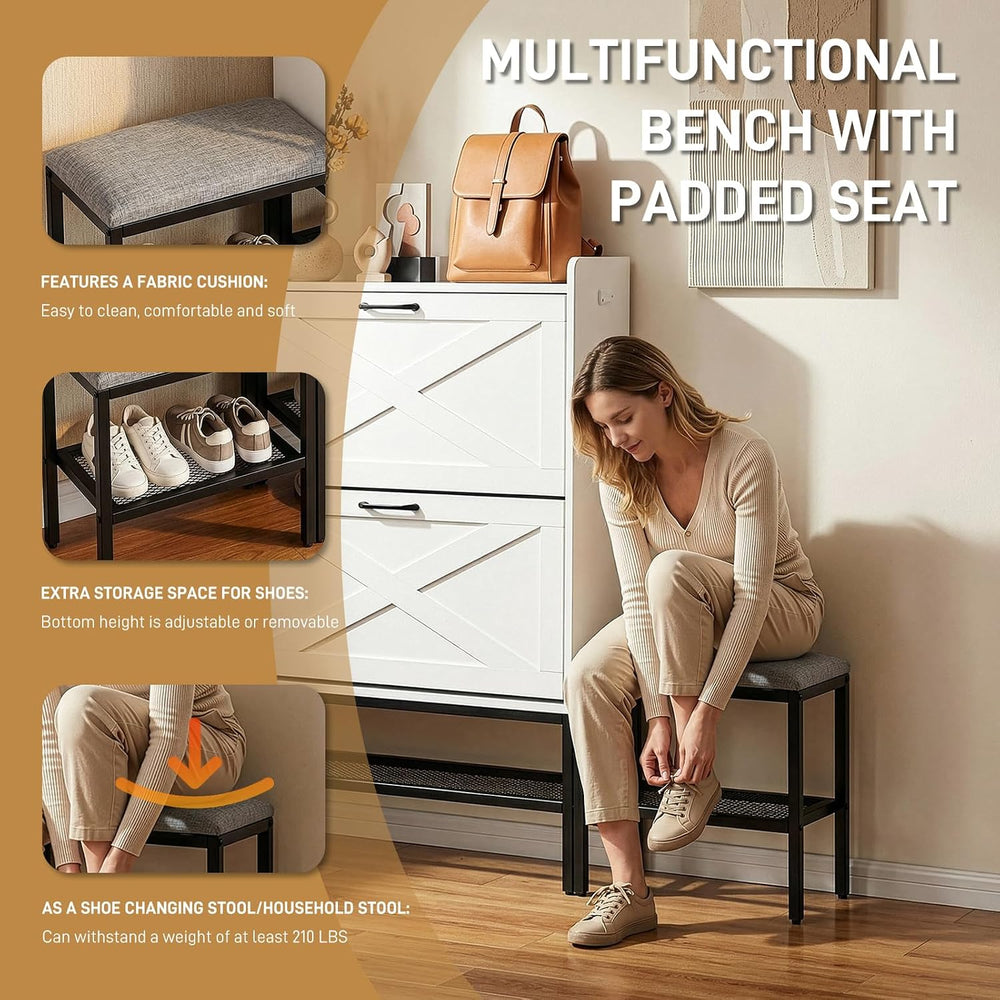 Karl home White Farmhouse Shoe Cabinet, Cushioned Entryway Bench Organizer