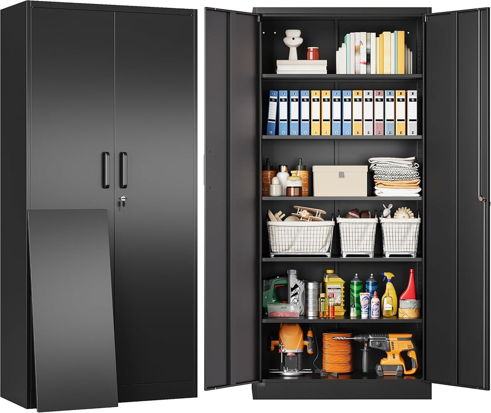 SISESOL Metal Storage Cabinet with 2 Doors and 6 Shelves,Black Metal Cabinet ...