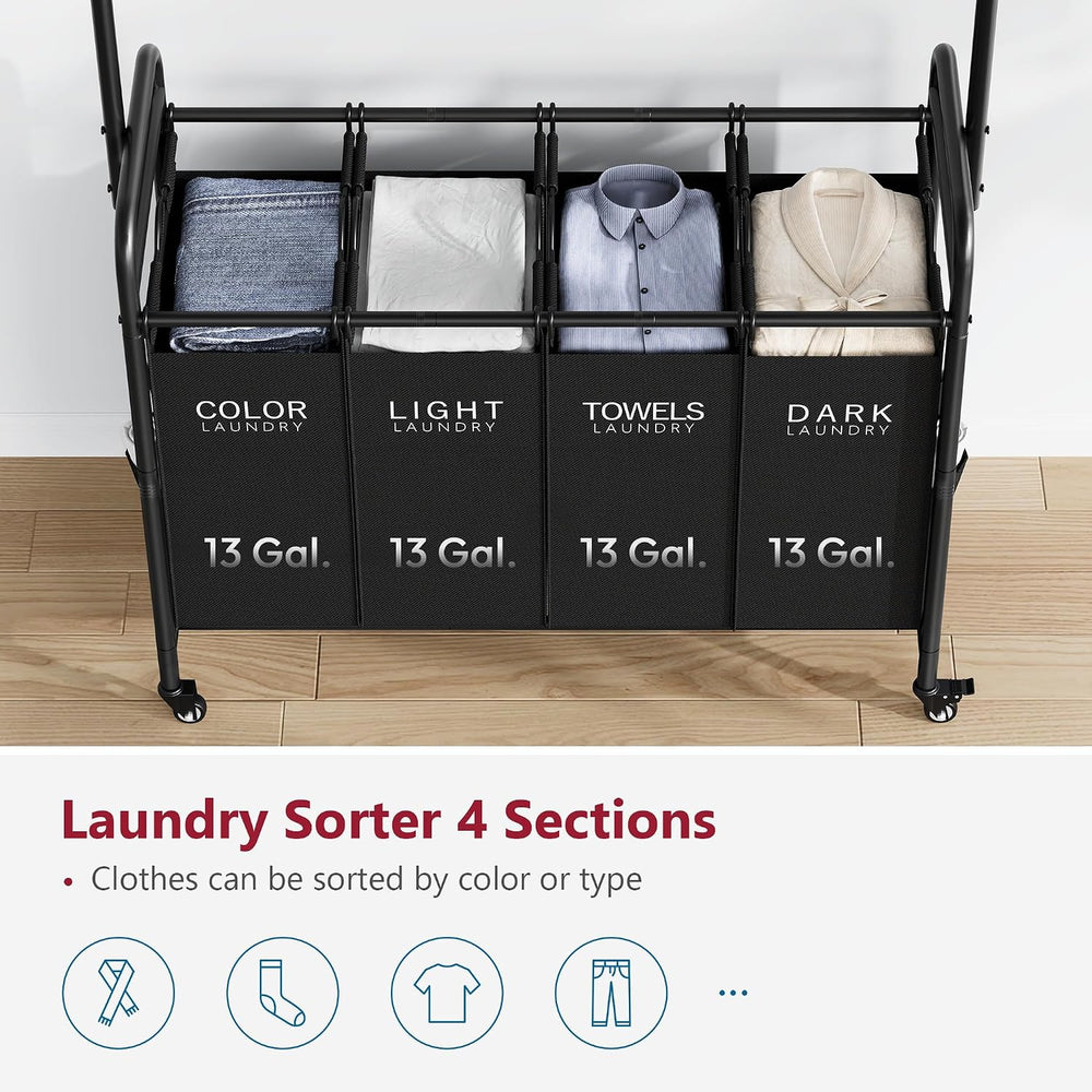 Tajsoon Laundry Sorter with Hanging Bar, 4 Section Laundry Hamper, Black