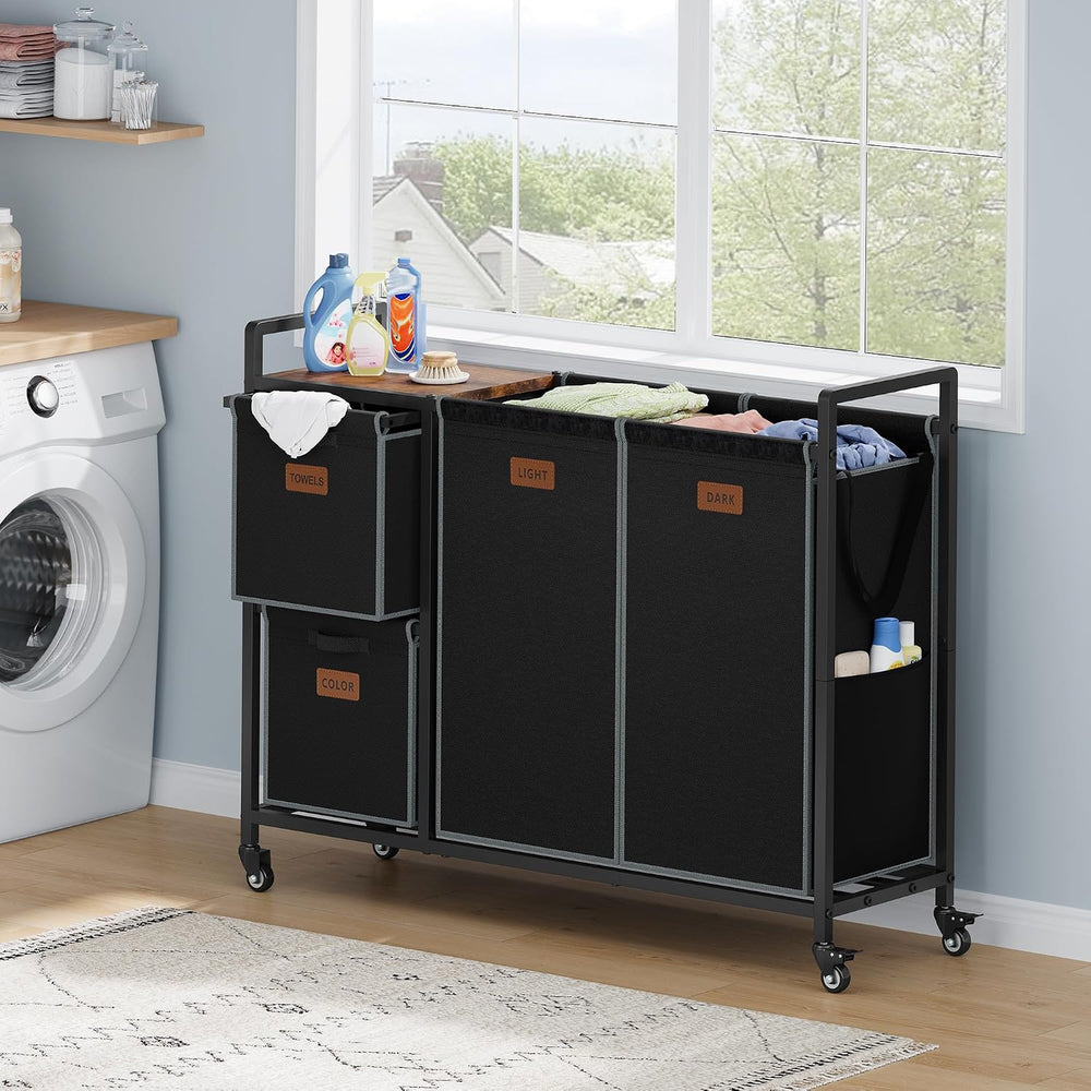 Hoctieon 4 Section Laundry Cart, 52.8 Gal. (200L) Laundry Hamper with Lid, La...