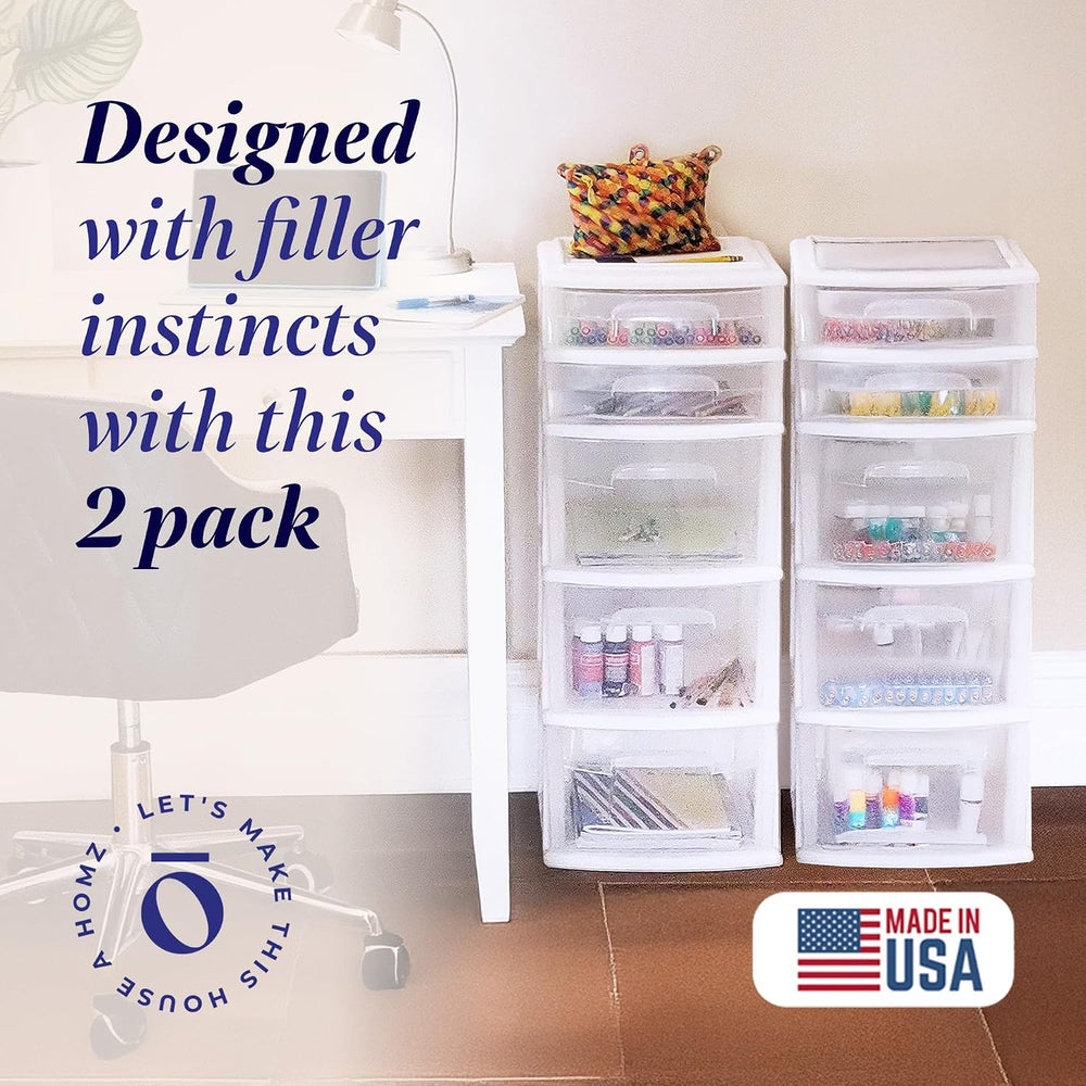 HOMZ 2-Pack Drawer Tower, 5-Tier Clear Plastic Storage Organizer Unit, White ...
