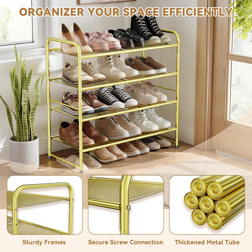 Modern Shoe Rack, 4 Tier Heavy Duty Metal Mesh Shoe Shelf 27 Inch Wide, Gold