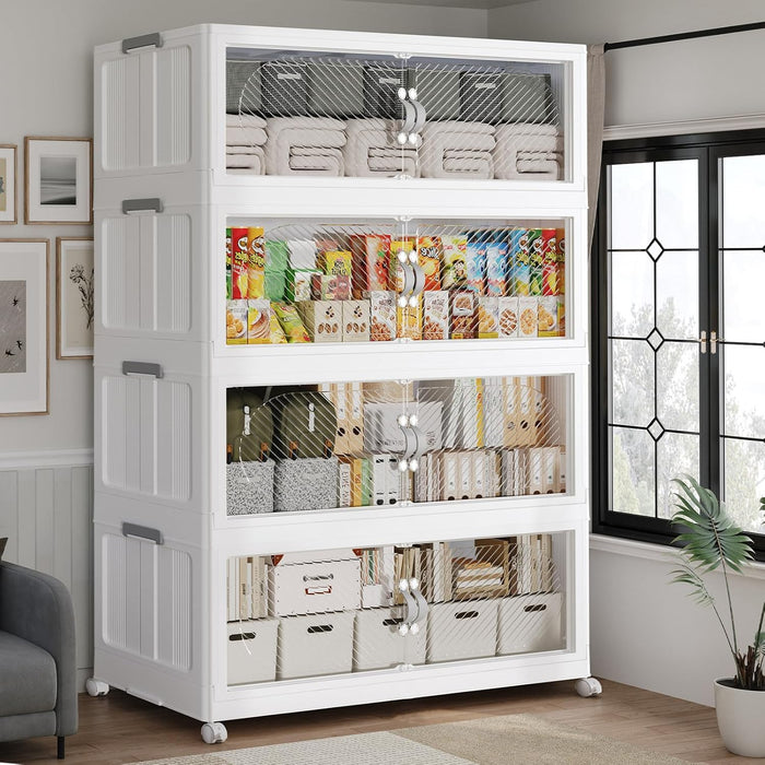 120Gal/480QT 4-Tiers Extra Large Stackable Storage Bins with Lid, Collapsible Cabinet Closet Organizer Plastic Container Box with Wheels Doors Drawers for Living Room Kitchen Office, White