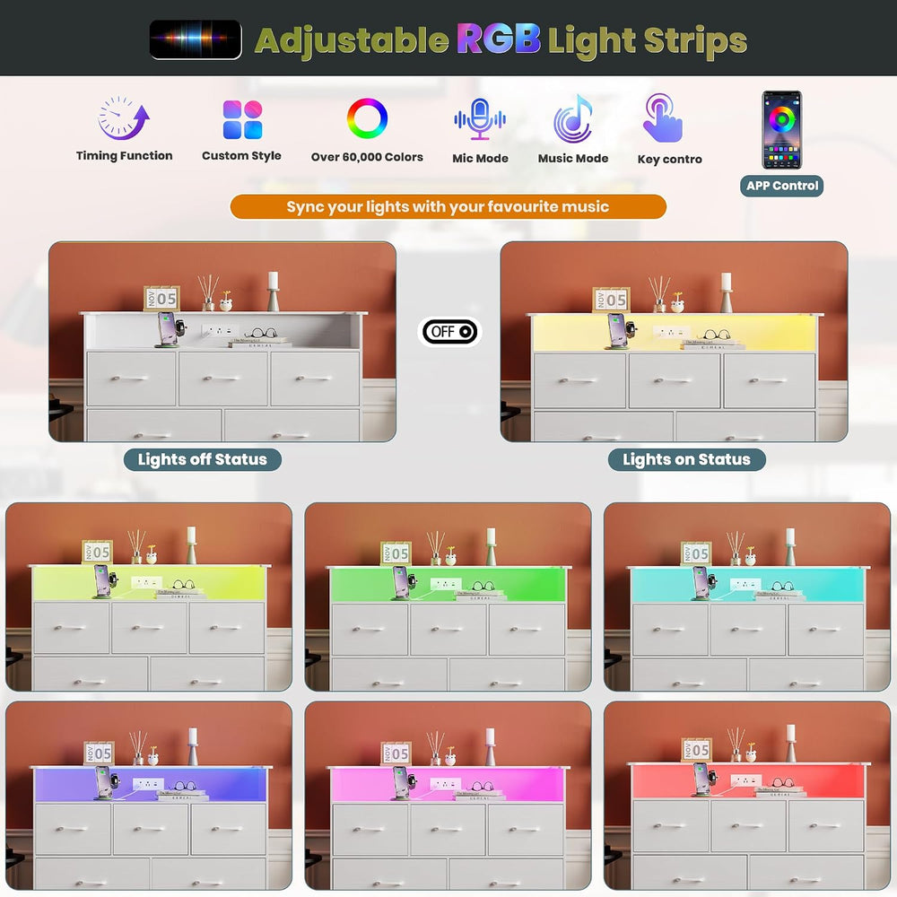 Garvee 7 Drawer Dresser with LED Light and Charging Station, White