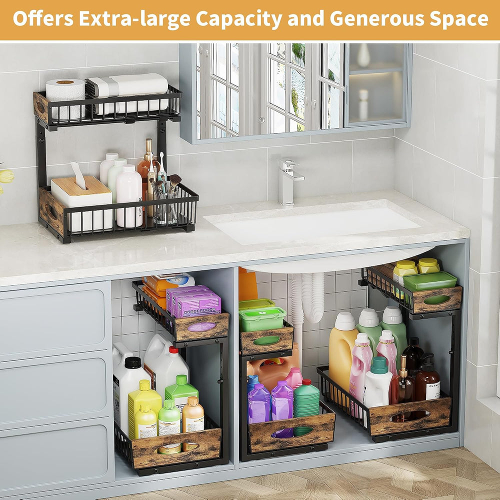 2 Pack Metal Under Sink Organizer with Sliding Drawer, Black
