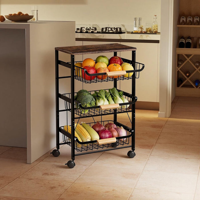 4-Tier Vegetable Fruit Basket for Kitchen Storage Rolling Cart on Wheels with Wood Top and Drawer Home Kitchen Food Organizer and Rack for Onions Potatoes Snacks, (Black)