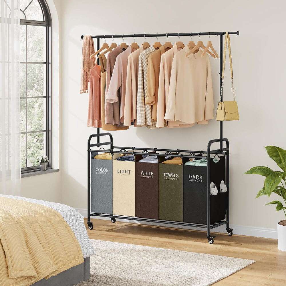 Tajsoon Laundry Sorter Cart with Hanging Rack, 5 Section, 5 Colors