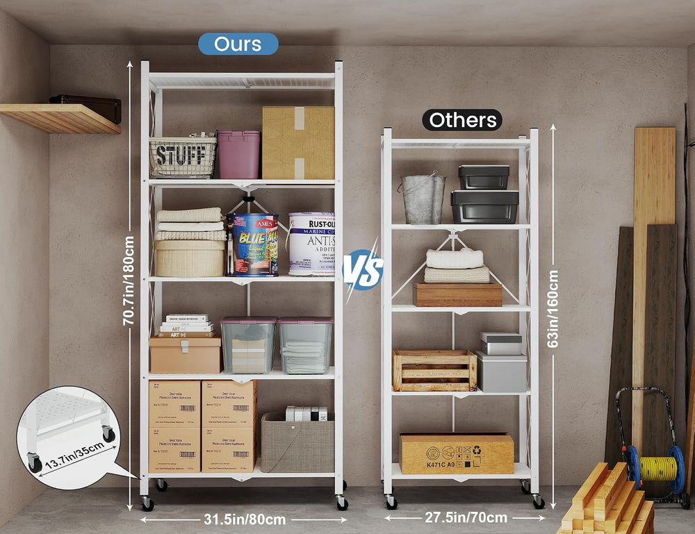 ALANNG 70.7" H Metal Storage Shelves, 5 Tier Folding Shelf on Wheels