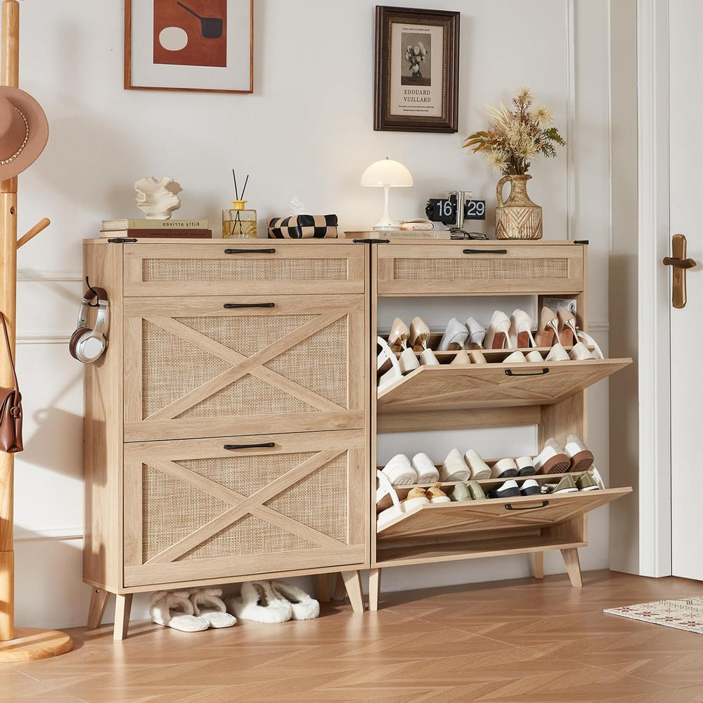 LEYAOYAO Rattan Shoe Cabinet Storage for Entryway with 2 Flip Drawers