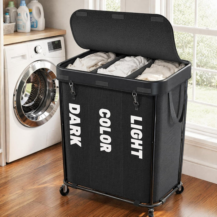 Laundry Sorter with Wheels 240L Rolling Laundry Cart,3 Compartment Designed Removable Laundry Bag for Daily Use in Bathrooms and Laundry Rooms (Black, 240L)