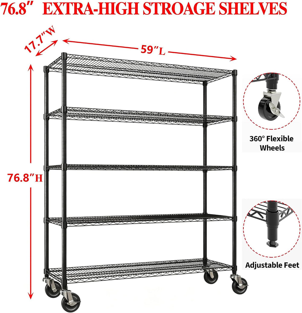 5 Tier Heavy Duty Metal Storage Shelves with Wheels Rolling Wire Rack