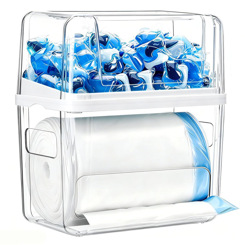 Trash Bag Dispenser with Laundry Pod Storage, Clear Under Sink Organizer